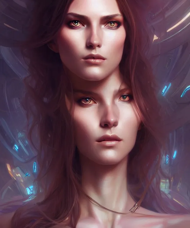 Prompt: futuristic woman android portrait, sci - fi, amber eyes, face, long hair, fantasy, intricate, elegant, highly detailed, digital painting, artstation, concept art, smooth, sharp focus, illustration, art by artgerm and greg rutkowski and alphonse mucha