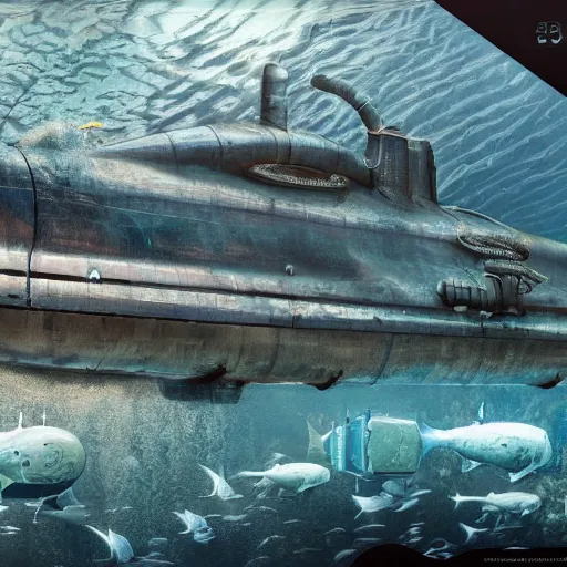 Image similar to A beautiful very hyper realistic detailed matte painting of an underwater scene in very clear water of a very shiny detailed submarine control panel made of motherboards , by Sparth and Jeff Simpson and beeple and Robin Eley famous hyperrealism artists, clearest water in the world, octane render