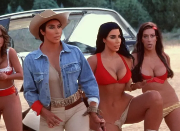 Image similar to movie still of kim kardashian as daisy duke in the movie the dukes of hazzard