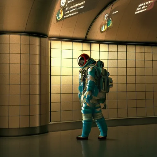 Image similar to a beautiful photo of an astronaut waiting in a subway station, 1970', soft light, morning light, photorealistic, realistic, octane, 8k, cinematic shot