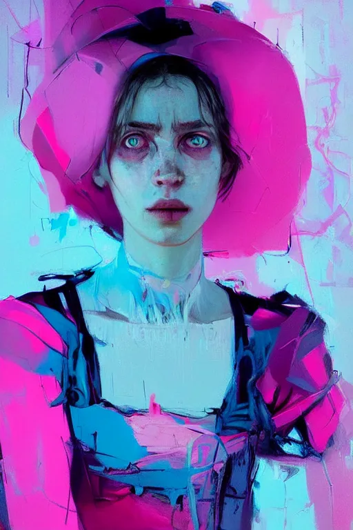 Image similar to portrait of a beautiful girl living in a postapoliptic forgotten world, her face expresses : sadness, and death, in the colors hot pink and cyan, beautiful face, rule of thirds, complex outfit, spotlight, by greg rutkowski, by jeremy mann, by francoise nielly, by van gogh, digital painting