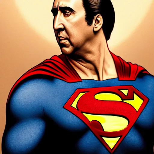 Image similar to upper body portrait of nicolas cage as superman, intricate, elegant, highly detailed, digital painting, artstation, concept art, smooth, sharp focus, illustration, art by artgerm and greg rutkowski and alphonse mucha, award winning, 8 k