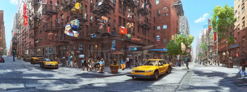 Prompt: realistic new york city street brooklyn, with 2 d game assets from super mario world scattered on the buildings and on the street, sunny day, concept art on artstation, hyperdetailed, vray render, octane render,