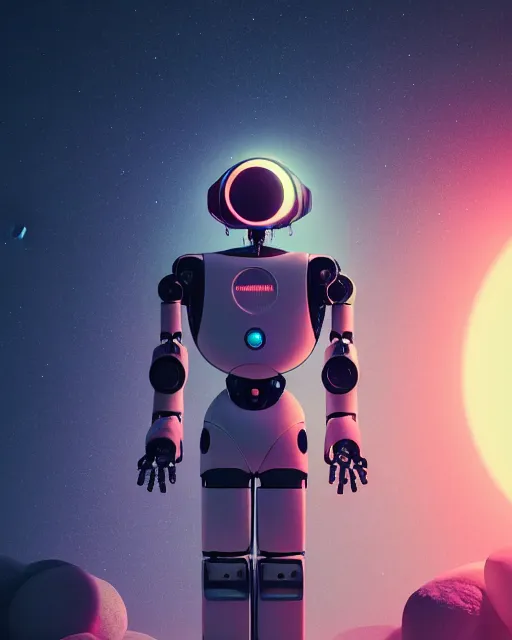 Image similar to a robot standing in front of a glowy open door that's on a barren moon, poster art by mike winkelmann, trending on cg society, space art, sci - fi, ue 5, futuristic, volumetric lighting, light casting onto the ground, neat composition and camera angle