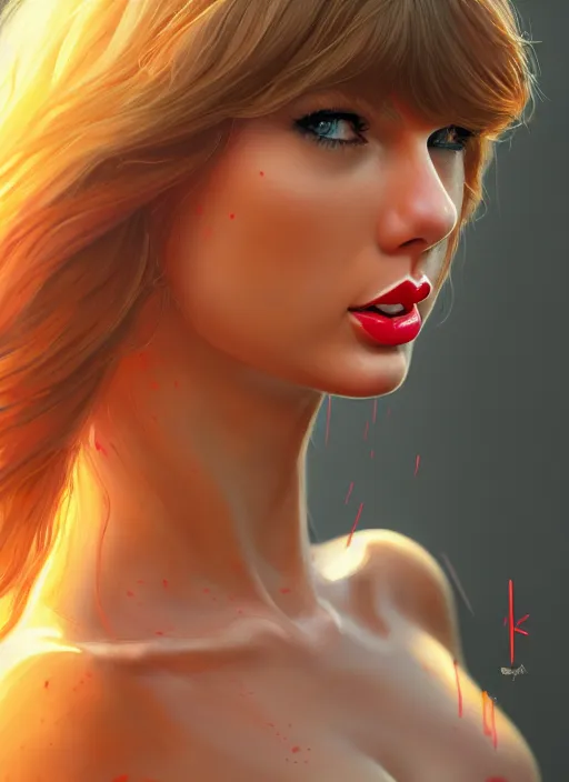 Prompt: 3 / 4 view of a portrait of taylor swift wears compact bikini, evangelion, au naturel, hyper detailed, digital art, trending in artstation, cinematic lighting, studio quality, smooth render, frostbite 3 engine rendered, art style by klimt and nixeu and ian sprigger and wlop and krenz cushart