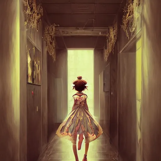 Image similar to beautiful young girl in intricate clothing by artgerm, walking through a hallway by wlop, reflections, very high intricate details, painting, digital anime art, medium shot, mid - shot, wlop, ilya kuvshinov, artgerm, krenz cushart, greg rutkowski, sana takeda