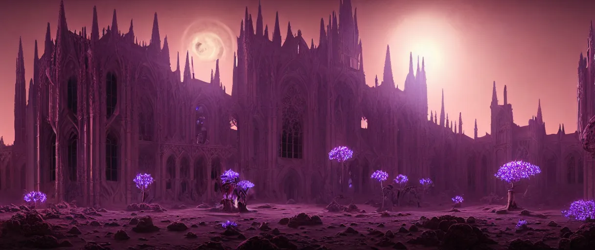 Image similar to hyperrealistic hyper detailed night shot of neo-gothic monastery on mars surrounded by giant blue carnivorous flowers matte painting concept art maciej kuciara gustave courbet very dramatic purple lighting high angle hd 8k sharp shallow depth of field