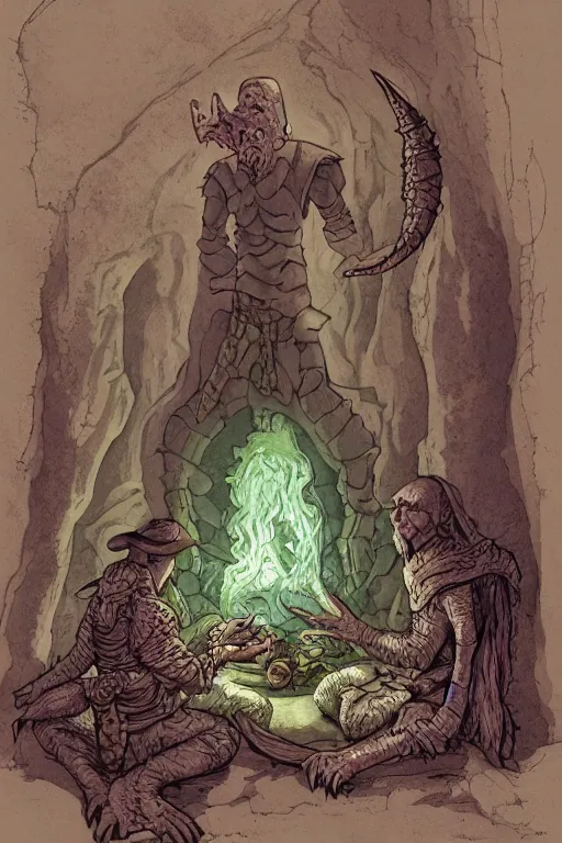 Image similar to dungeon master from d&d cartoon sitting in cave like gollum eating fish, in the style of Greg Broadmore and Arthur Rackham and Moebius, trending on artstation, light lighting side view,digital art,surrealism ,macro,blueprint ,vaporwave ,