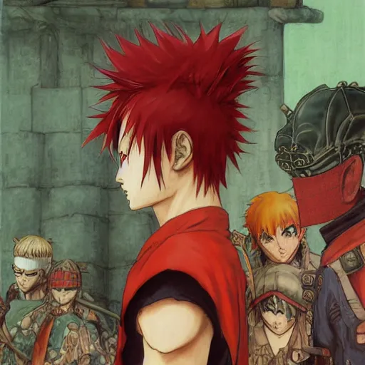 Image similar to Gaara Narutopunk Oni Shinobi at the gates of Tartarus Sand Crest Ninja Warrior Portrait Portrait Wearing Red Ninja-Yoroi norman rockwell uta natsume inio asano naoko takeuchi shotaro ishinomori katsuhiro otomo steve ellis tony szczudlo Ryan Gitter Ilya Repin Final Fantasy Cover Art