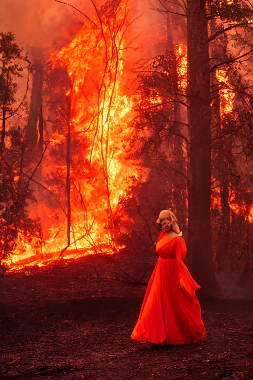 Prompt: the queen of fire wearing an orange and red beautiful dress walking on a burning forest, beautiful angle, aesthetic