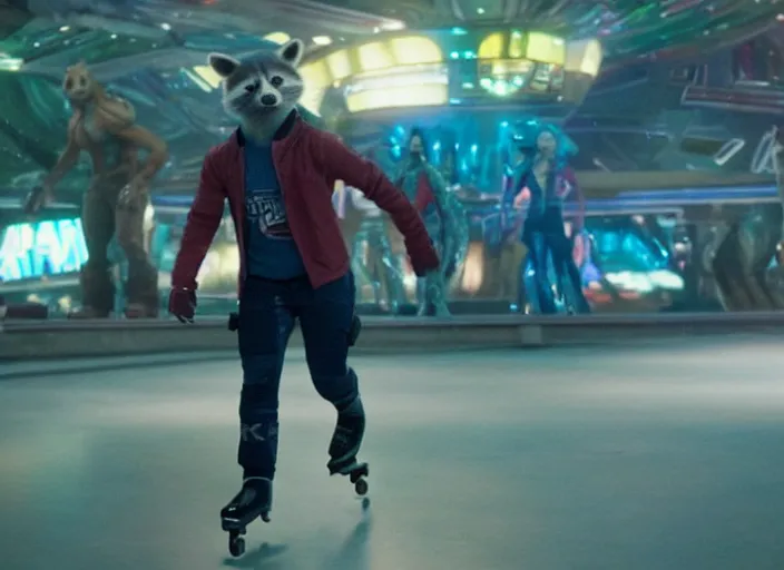 Prompt: film still of Rocket Racoon roller skating at a roller rink in the new Guardians of the Galaxy movie, 4k