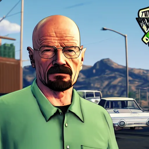 Prompt: walter white in the style of a GTA 5 loading screen