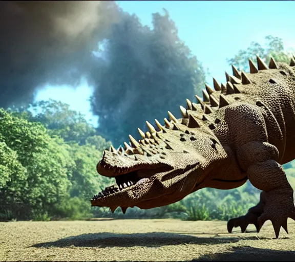 Prompt: spikey ankylosaurus, armored dinosaur head, jurassic world movie scene, cinematic, ultra realistic, beautiful terrain, full body shot, unreal engine 5