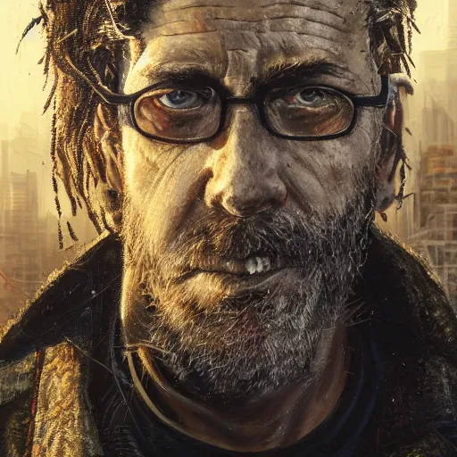 Image similar to cyberpunk, closeup portrait of a shaggy old cyberpunk fence, bald, tired eyes, tattered tweed jacket, dramatic light, city background, sunset, dystopian setting, high contrast, sharp, neuromancer, the finn, painted by stanley lau, painted by greg rutkowski, painted by stanley artgerm, digital art, trending on artstation