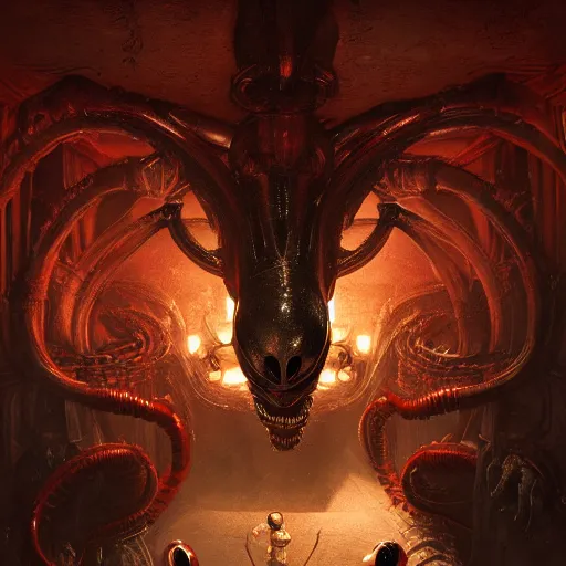 Image similar to mickey mouse xenomorph chimera lurking in dark room, round ears, red pants, designed by h. r. giger, highly intricate detailed 8 k ultrarealistic octane render by artgerm and rutkowski and beksinski and mucha