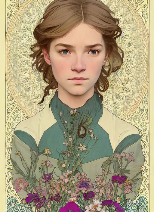 Image similar to pretty young man with shoulder length blond hair, half body shot, emotional, decorative flower patterned background, path traced, highly detailed, high quality, digital painting, by studio ghibli and alphonse mucha, leesha hannigan, hidari, disney, jules bastien - lepage, art nouveau, martine johanna, android jones