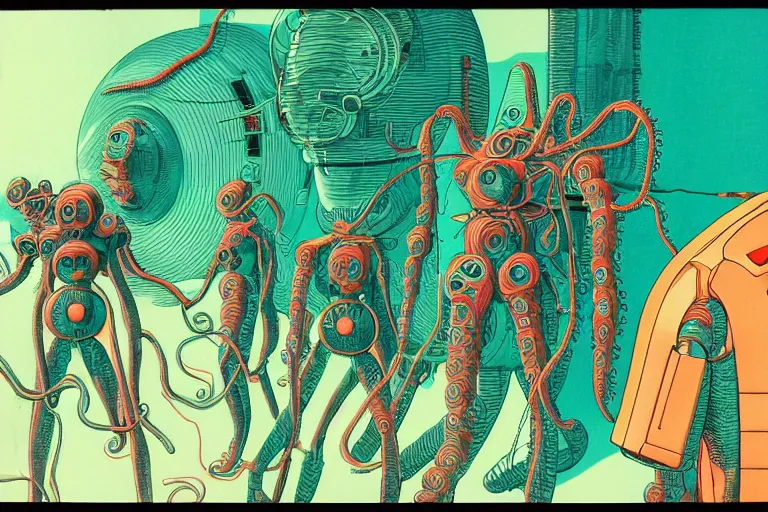 Image similar to risograph grainy drawing vintage sci - fi, satoshi kon color palette, gigantic gundam full - body covered with human bodies and wires, with lot tentacles, codex seraphinianus painting by moebius and satoshi kon and dirk dzimirsky close - up portrait