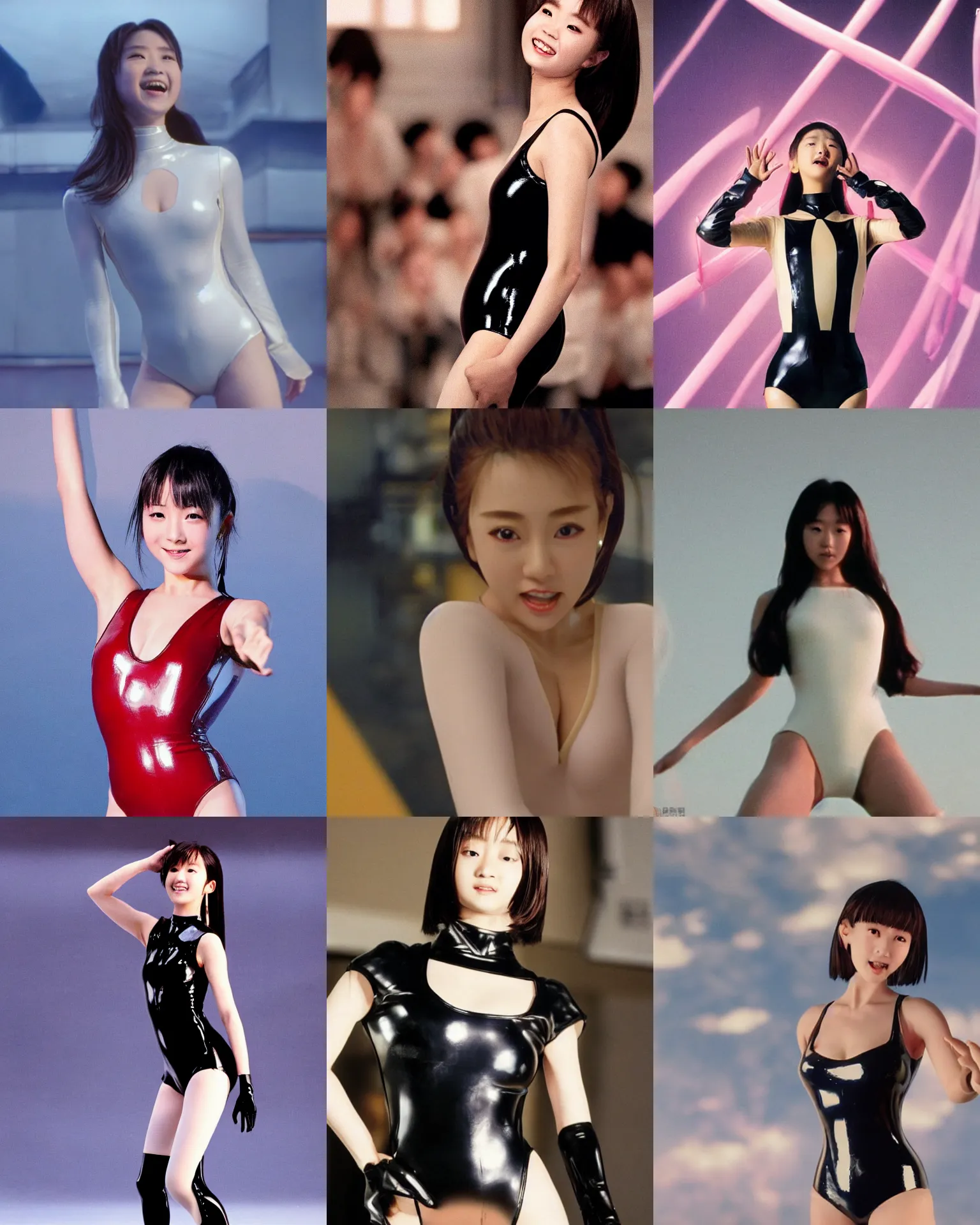 Prompt: Worksafe,clothed.1990s,unbelievably beautiful,perfect,dynamic,epic,cinematic movie shot of a close-up beautiful cute young J-Pop idol actress girl in latex leotard,expressing joy.By a Chinese movie director.Motion,VFX,Inspirational arthouse,high budget,hollywood style,at Behance,at Netflix,Instagram filters,Photoshop,Adobe Lightroom,Adobe After Effects,taken with polaroid kodak portra