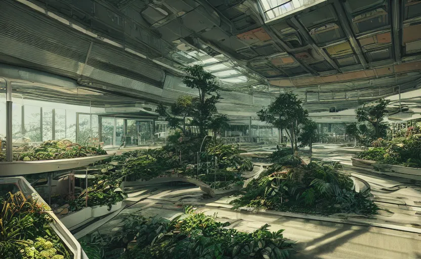 Image similar to Interior of an interstellar abandoned shopping mall overgrown with plants, rendered by Beeple, by Makoto Shinkai, synthwave style, environment concept, digital art, unreal engine, WLOP, trending on artstation, 4K UHD image,