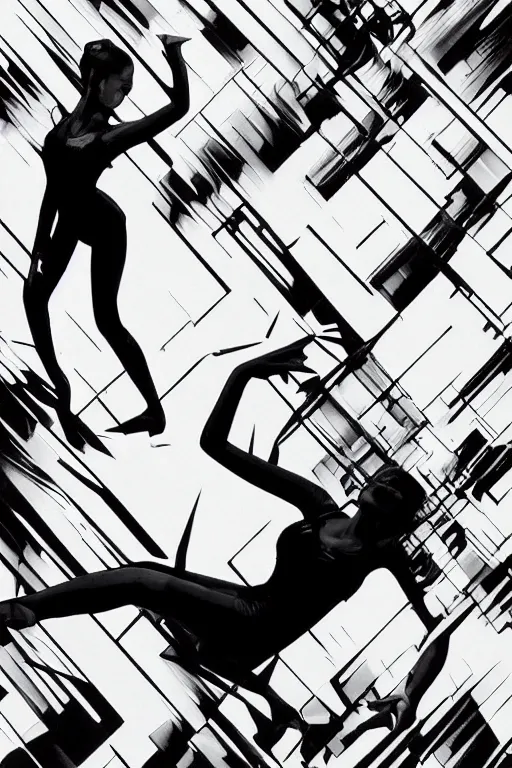 Prompt: wideangle action, a wild beautiful ballet techno dancer entangled by black tendrils of reality, madness, decoherence, synthwave, glitch!!, fracture, vortex, realistic, hyperdetailed, concept art, art by syd mead, cubism