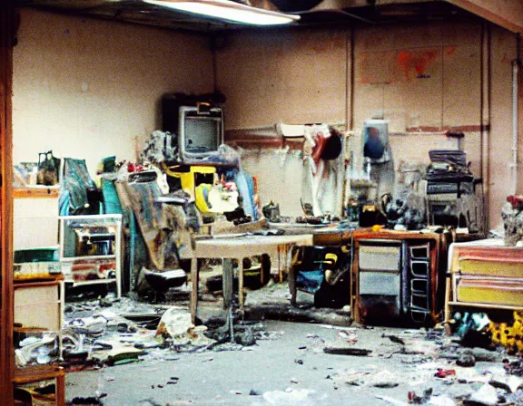 Image similar to kodak portra medium size room with figure film still 1 9 9 2 industrial chaos terror