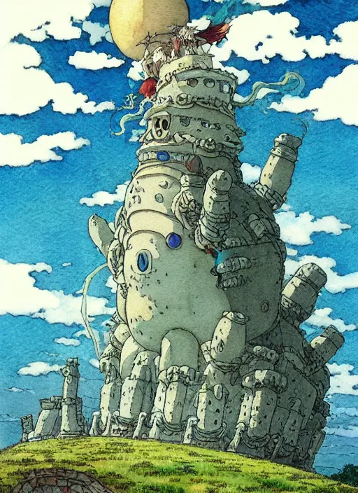 Prompt: hyperrealist studio ghibli watercolor fantasy concept art of a giant king kai from howl's moving castle sitting on stonehenge like a chair. it is a misty starry night. by rebecca guay, michael kaluta, charles vess