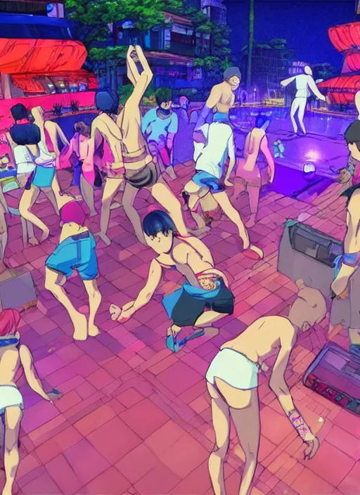 Prompt: pool party late at night with funky music people dancing in anime akira style, 8 k, hd