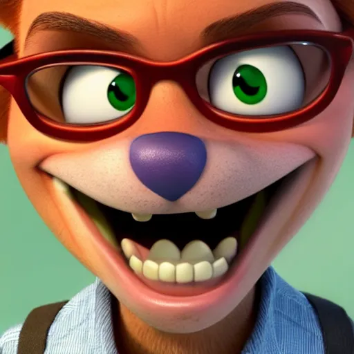 Image similar to close up portrait of a nerd guy happily announce new video, Pixar's Up character, 3D render,youtube thumbnail,flat green screen background,high resolution, high quality, detailed, zootopia, cgsociety,artstation, deviantart