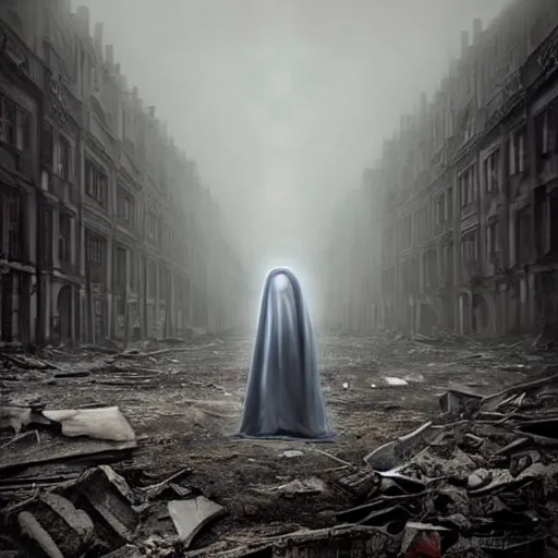 Prompt: ominous bedsheet ghost walking through the center of a destroyed london city, 1 9 2 0's colored pencil, gloomy misty atmosphere, deep aesthetic, symmetrical, full body image, highly ornate intricate details, very sharp photo,