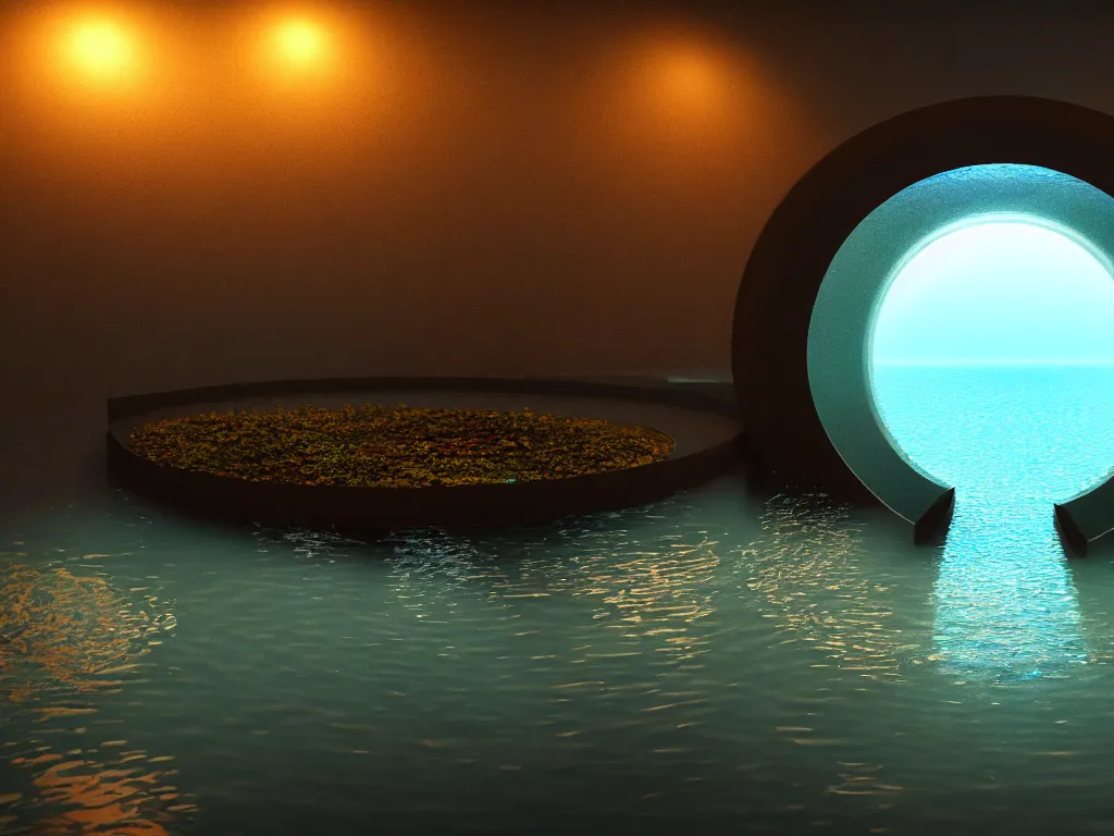 Prompt: a magical circular portal to another world in a lake opening under the water, lights, magical, ethereal, sci - fi, art, 8 k render octane high definition