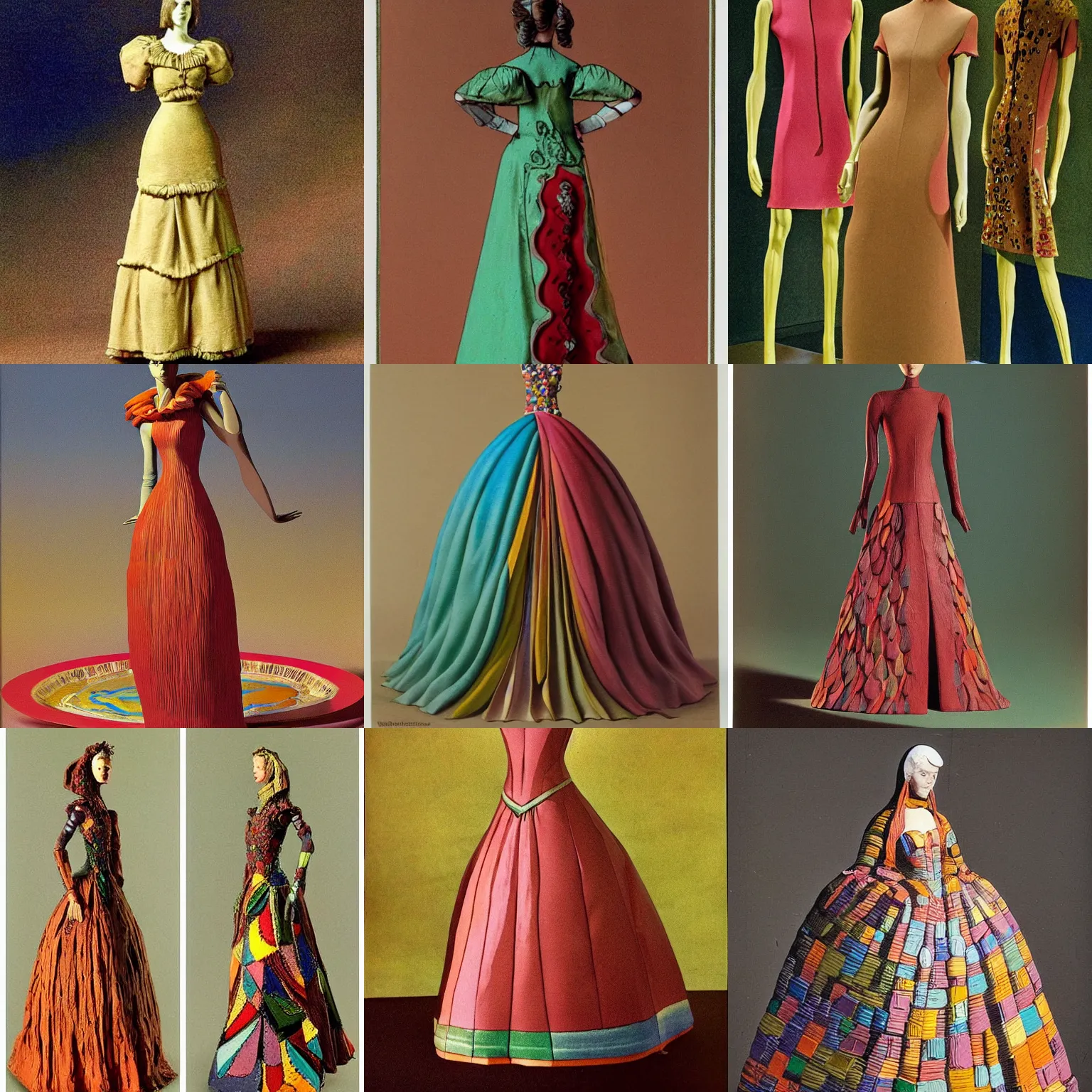 Prompt: high fashion dress made of colorful clay as painted by moebius and William Bradford