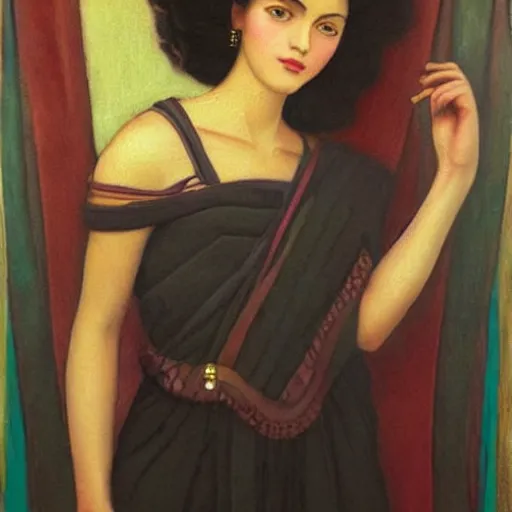 Prompt: a oil painting of a fair skin with dark curly stylised hair queen wearing dress, by nicholas roerich, by georgia o keeffe by frederick william elwell, by otomo highly detailed, realistic, concept art, jewels, oriental, desaturated