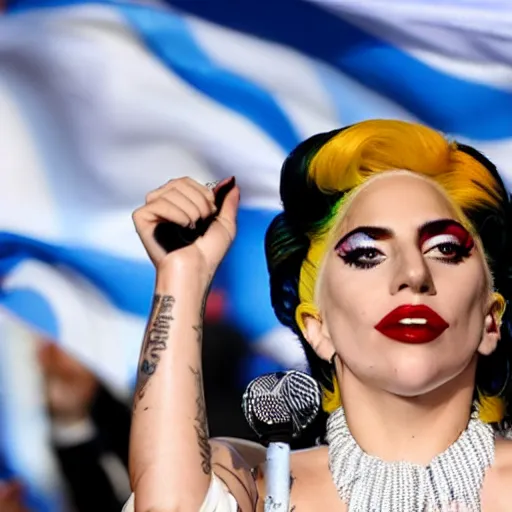 Image similar to Lady Gaga as president, Argentina presidential rally, Argentine flags behind, bokeh, detailed face, Argentina