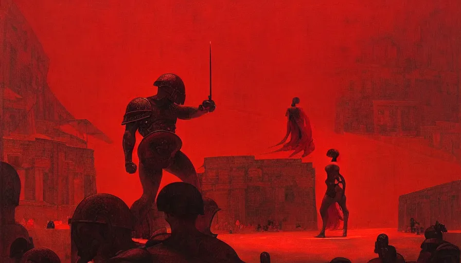 Image similar to only with red, a lightly armored gladiator in a crowded roman amphitheatre, crowd cheering, in the style of beksinski and edward hopper and rodcenko and yue minjun and cory loftis, intricate and epic composition, red by caravaggio, highly detailed, masterpiece, red light, artstation, art nouveau