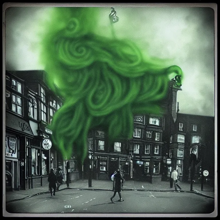 Image similar to black and dark green eldritch smoke and tendril monsters in a typical english high street. terrified people running and screaming. polaroid. photorealistic. highly detailed