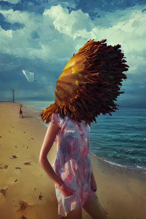 Image similar to portrait, giant flower head, a girl on beach, surreal photography, wind and cold, dramatic sky, impressionist painting, digital painting, artstation, simon stalenhag