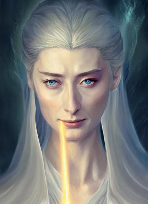 Prompt: beautiful stunning elizabeth debicki as galadriel, lord of the rings, lotr fanart, trending on artstation, character art, the hobbit digital painting, concept art, smooth, sharp focus, illustration, art by artgerm and greg rutkowski, radiant light,