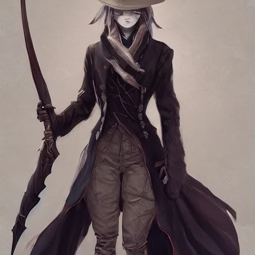 Image similar to female bloodborne hunter, long coat, by charlie bowater, loish, artgerm, krenz cushart, wlop, ilya kuvshinov, range murata