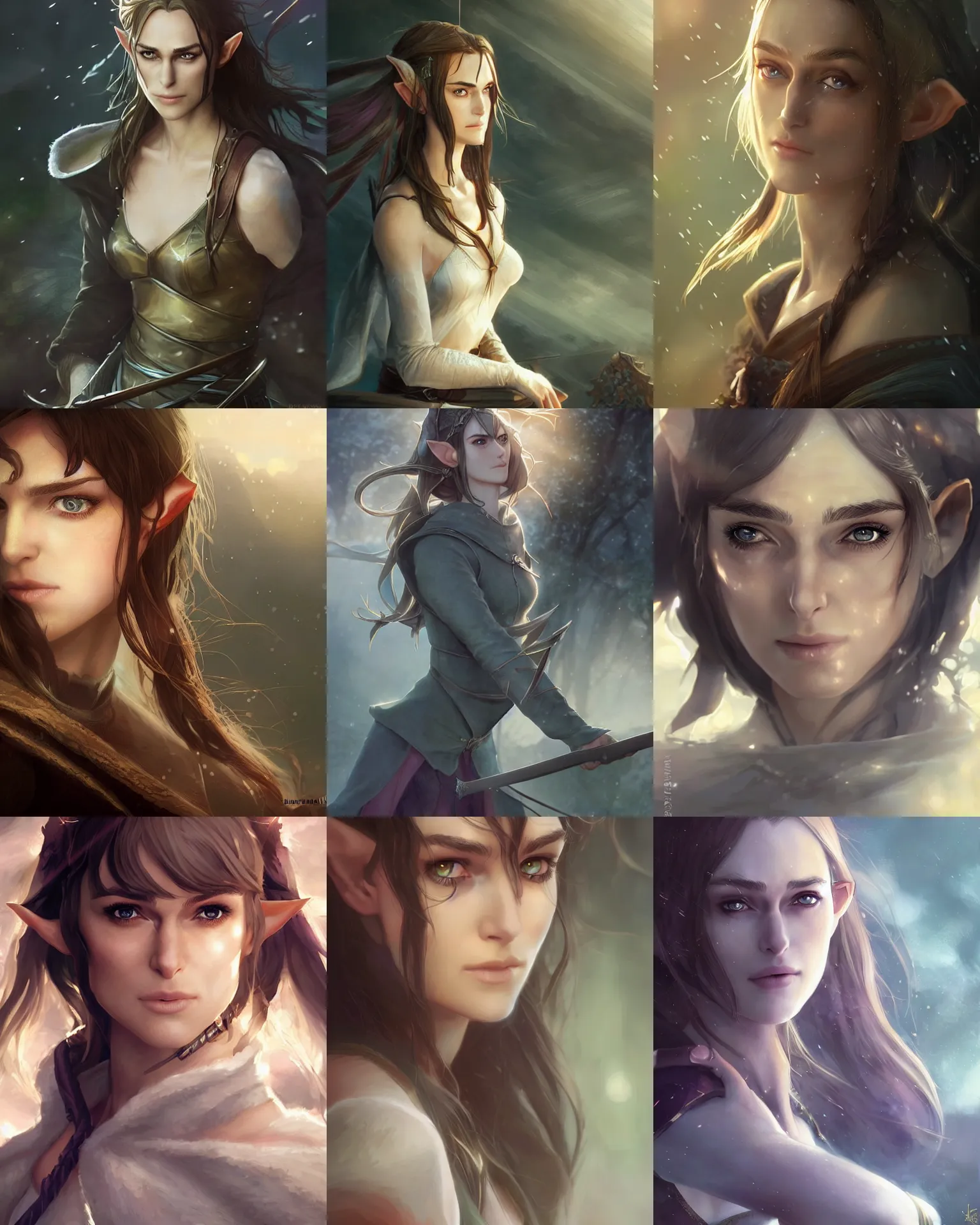 Prompt: an incredibly beautiful female elf ( keira knightley ) from lord of the rings, full shot, atmospheric lighting, detailed face, very anime, by makoto shinkai, stanley artgerm lau, wlop, rossdraws