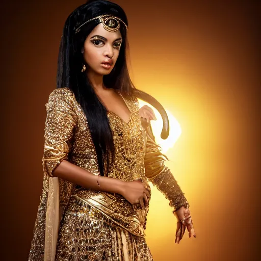 Prompt: aesthetic!!!!!! Portrait photograph of a female genie in Arabic clothing, black skin, long black hair, gold tint, frontal pose, cinematic lighting, silk, fabric, full-length view, 8K, symmetrical balance, in-frame, bokeh!!!!!! Graphex camera, extremely detailed
