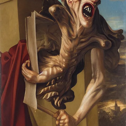 Prompt: an oil painting of an extremely ugly vampire Gargoyle, Renaissance painting, Renaissance Port City background, vampire teeth, 1450, holding paper fan