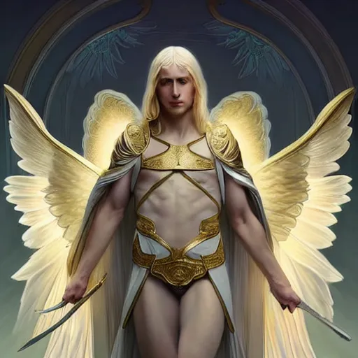 Image similar to the pale blond male angel of battle lucius wearing a white periwinkle, sci fi, glowing eyes, volumetric lights, gold theme, art nouveau botanicals, intricate, highly detailed, digital painting, artstation, concept art, smooth, sharp focus, cinematic, illustration, beautiful face, art by artgerm and greg rutkowski and alphonse mucha