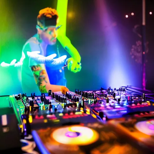 Image similar to A hd photo of a Dj playing his mixer in a rave with a lot of dragonflies around