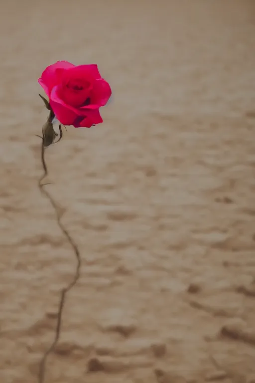 Image similar to agfa vista 4 0 0 photograph of a single rose growing in the desert sand, synth vibe, vaporwave colors, lens flare, moody lighting, moody vibe, telephoto, 9 0 s vibe, blurry background, grain, tranquil, calm, faded!,