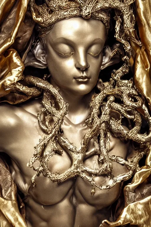 Image similar to a cinematic view of a ornated intricate mystic faun statue made by hedi xandt, chris haas and bernini, realistic, macabre art, partially covered by a wrapped black fabric veil, using few gold ornaments detailed image