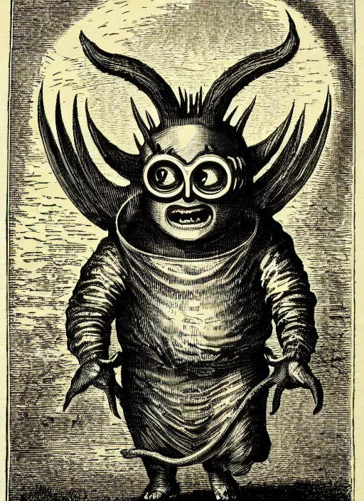 Image similar to a minion as a demon from the dictionarre infernal, etching by louis le breton, 1 8 6 9, 1 2 0 0 dpi scan, ultrasharp detail, clean scan