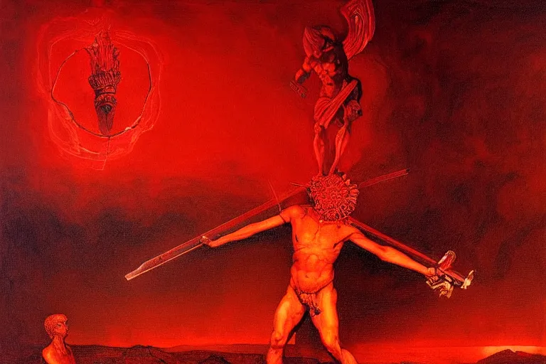 Image similar to only with red, a red melted apollo with a laurel wreath and a flaming sword announce the win, atene in the background, in the style of beksinski, part by hopper, part by rodcenko, part by hofbauer, intricate composition, red by caravaggio, insanely quality, highly detailed, masterpiece, red light, artstation