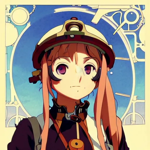 Prompt: anime annasophia robb as an airship mechanic at her crammed workbench, steampunk, defined facial features, highly detailed, busy, artstation, official artbook, official Kyoto Animation and Studio Ghibli anime screenshot, by Ilya Kuvshinov and Alphonse Mucha
