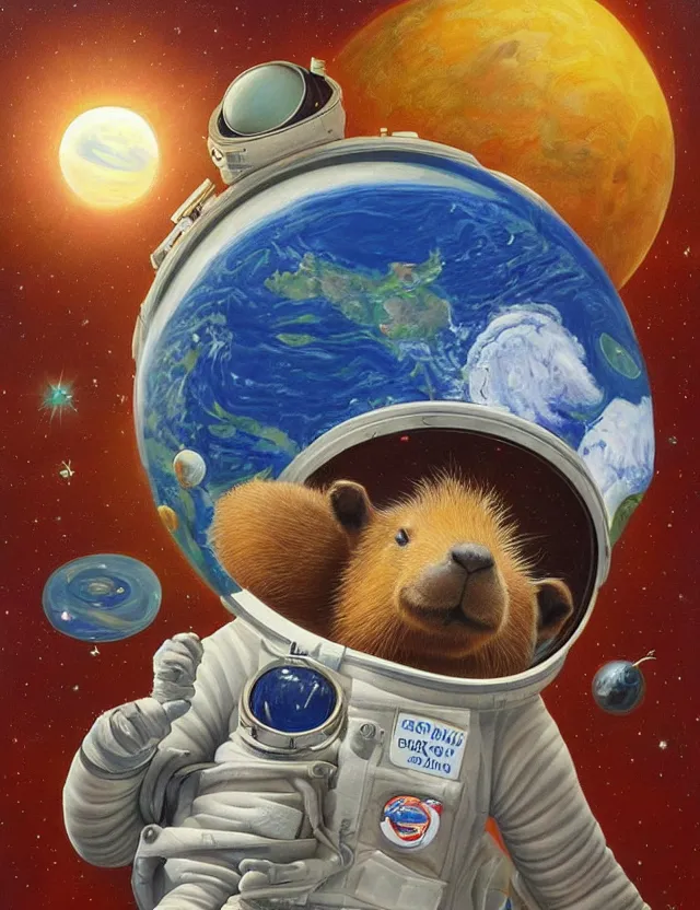 Prompt: beautiful detailed and adorable painting of a capybara astronaut in a spacesuit floating above earth by casey weldon by mark ryden by thomas blackshear, super cute, new contemporary, oil painting