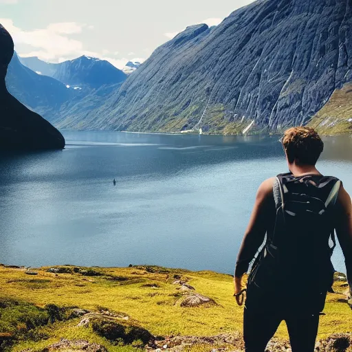 Prompt: a young man with long brown looking at fjords, hiking clothes, tank top, backpack, norway, fjords in background, cinematic, beautiful, stunning, day time, epic